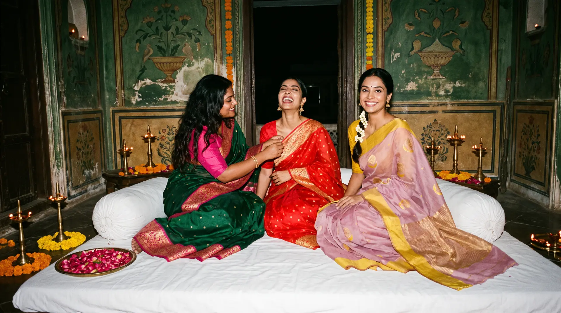 Three women in festive saris on a painted terrace at night