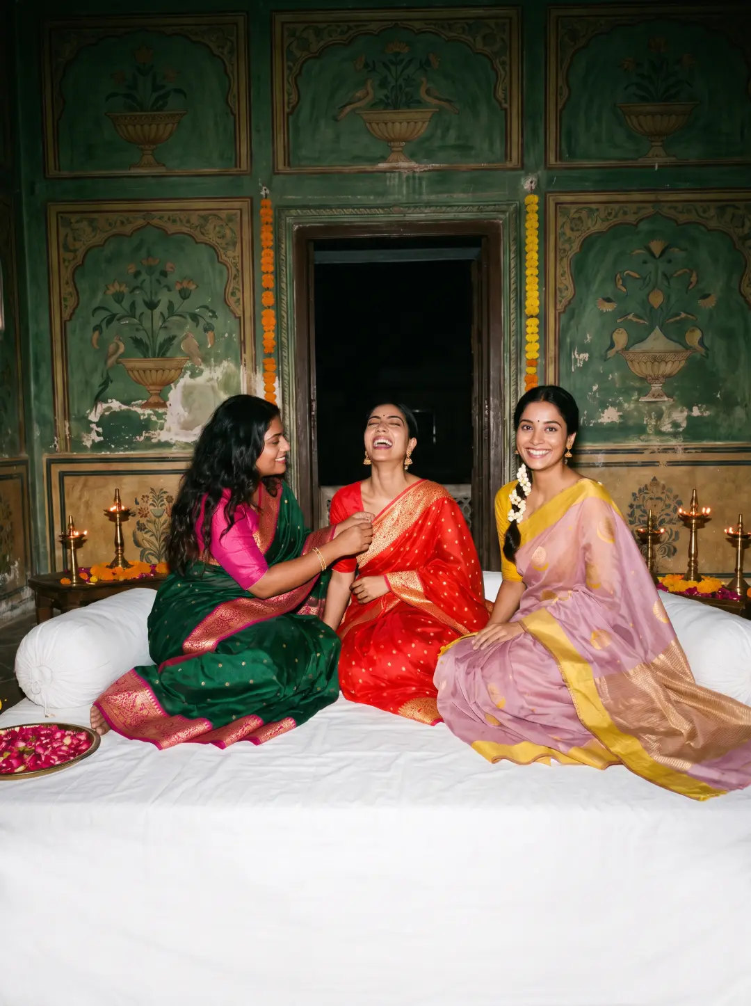 Three women in festive saris at night