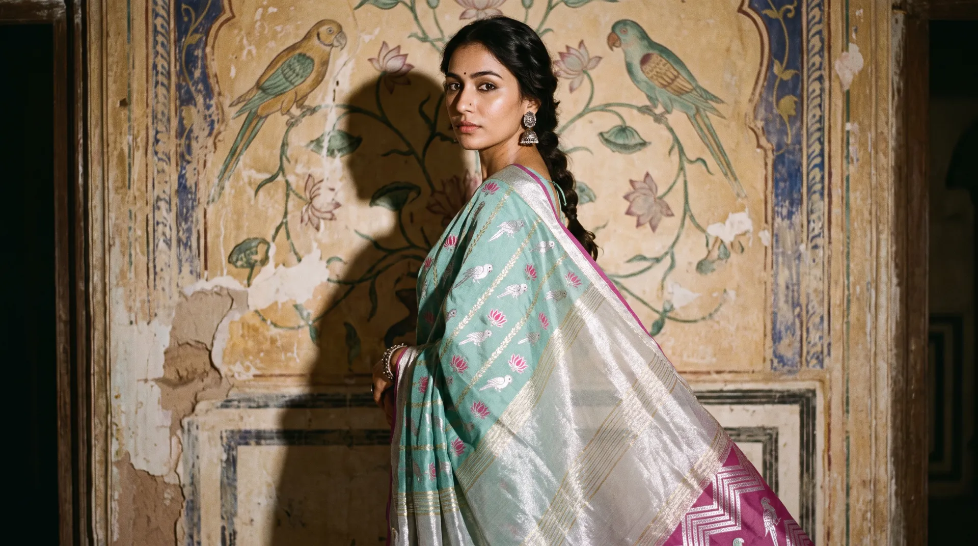 A woman in a sea-green and rani pink sari before a wall painted with parrots