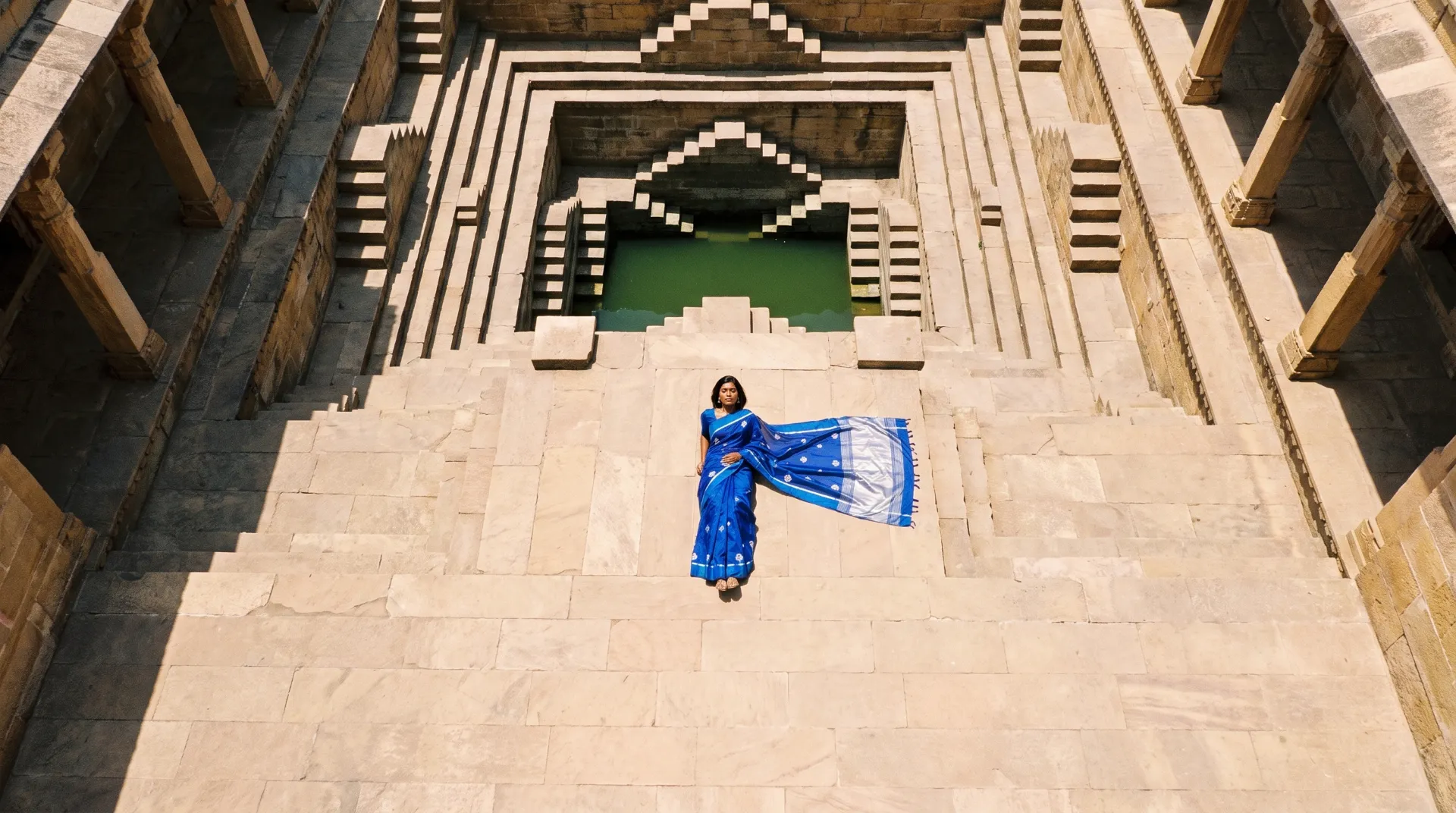 A woman in a royal-blue sari at the foot of a stepwell