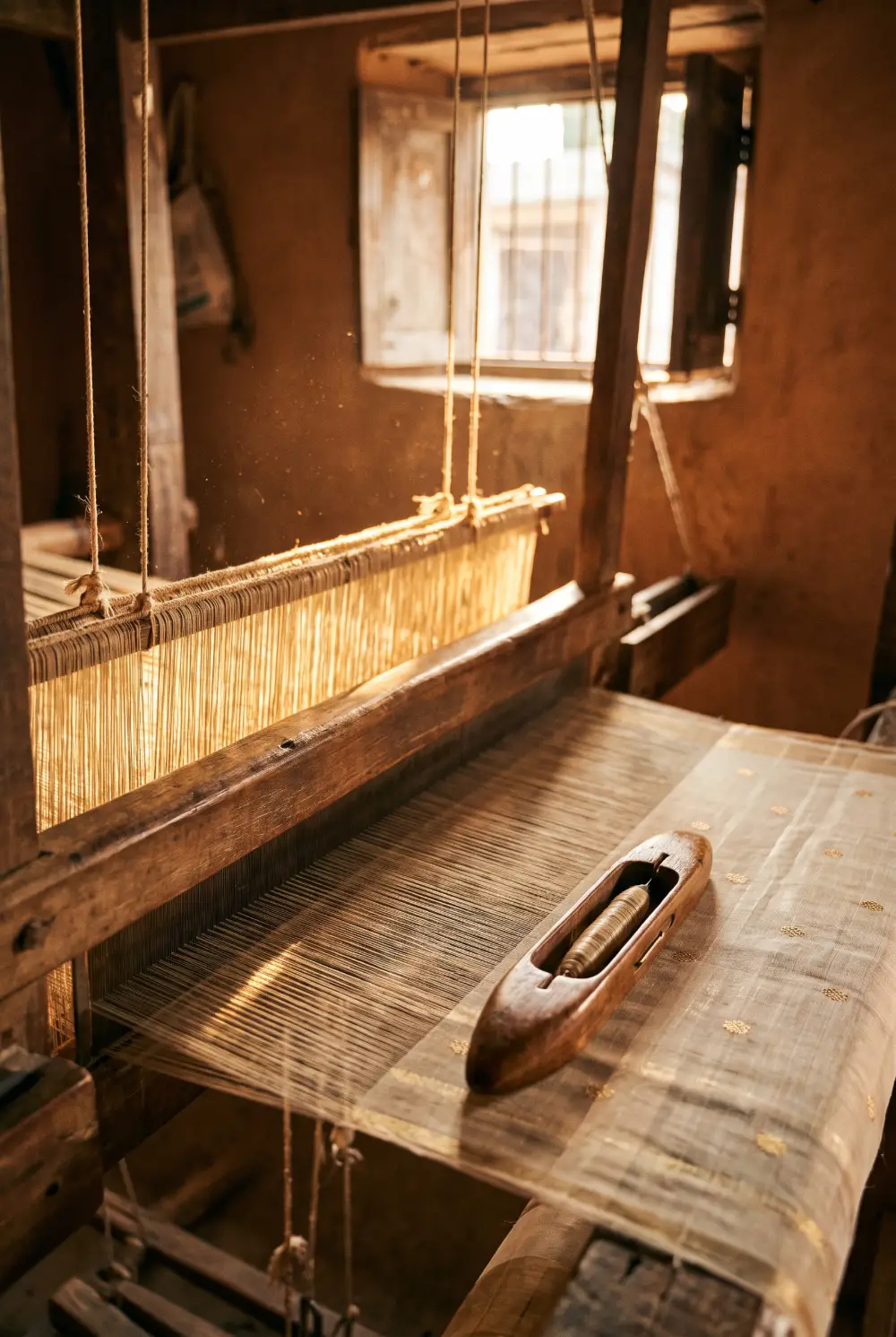A wooden handloom lit by sunlight from a window