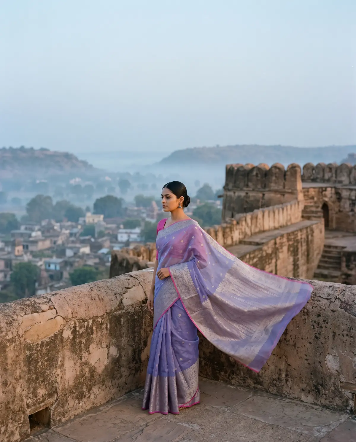 A woman in a lavender sari on a fort wall at dawn