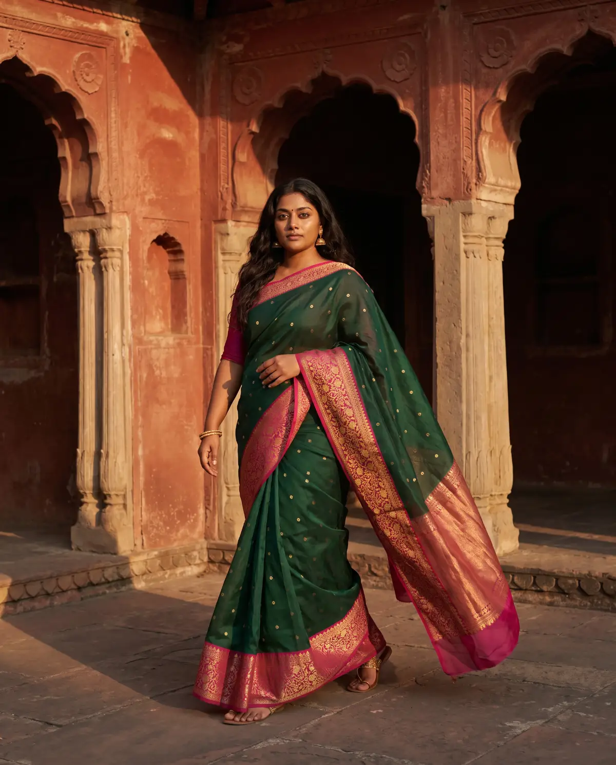 A woman in a bottle-green Banarasi sari in a courtyard at golden hour